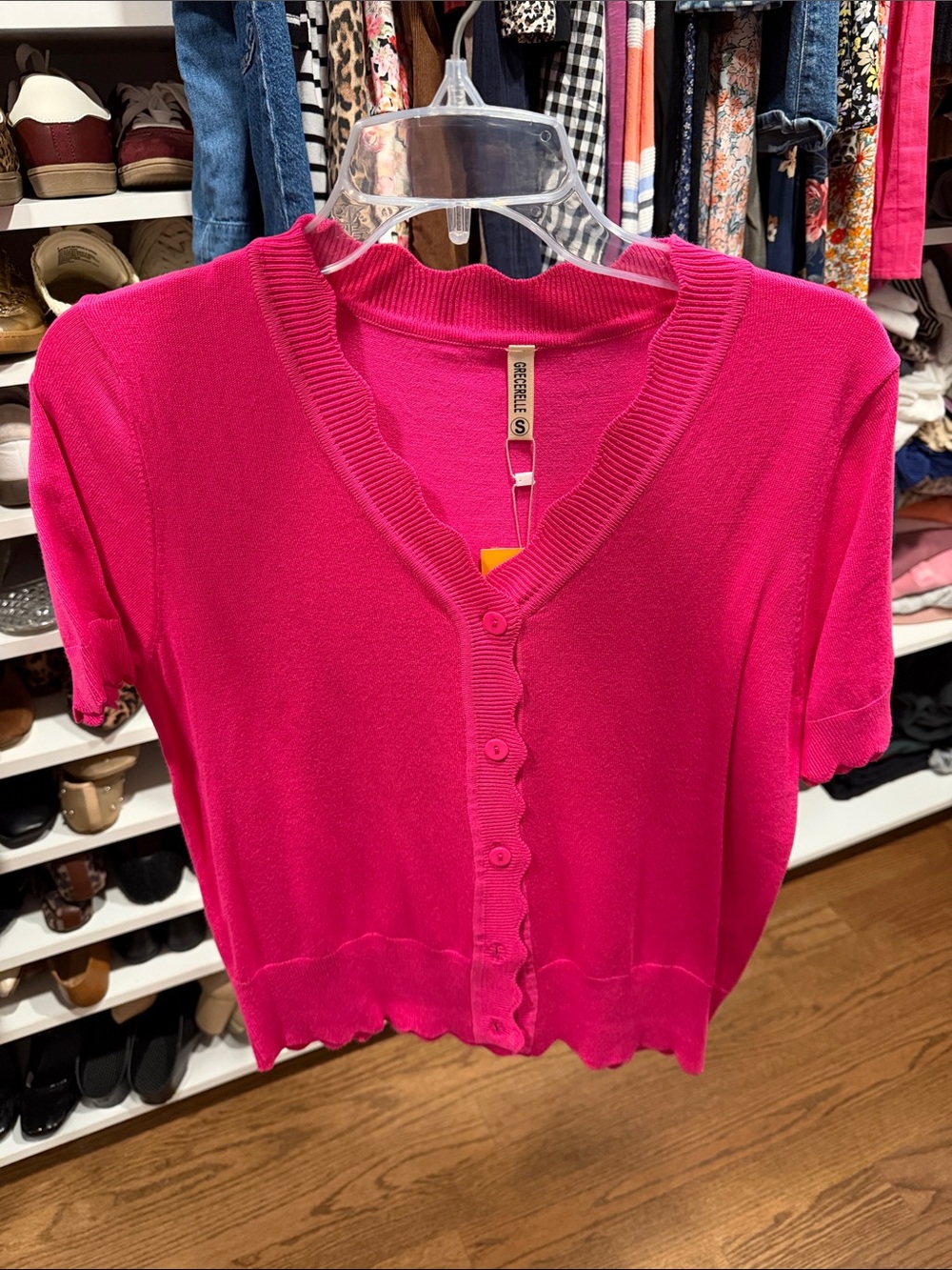 Cecilia Short-Sleeve Scalloped Button Cardigan in Hot Pink